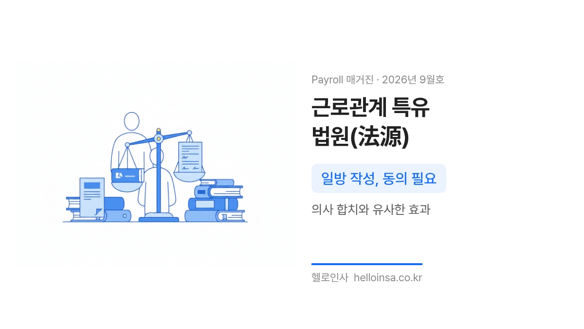 법전과 저울 위에 회사 문서와 근로자 동의서가 놓여 취업규칙의 법적 성격을 나타내는 개념 삽화