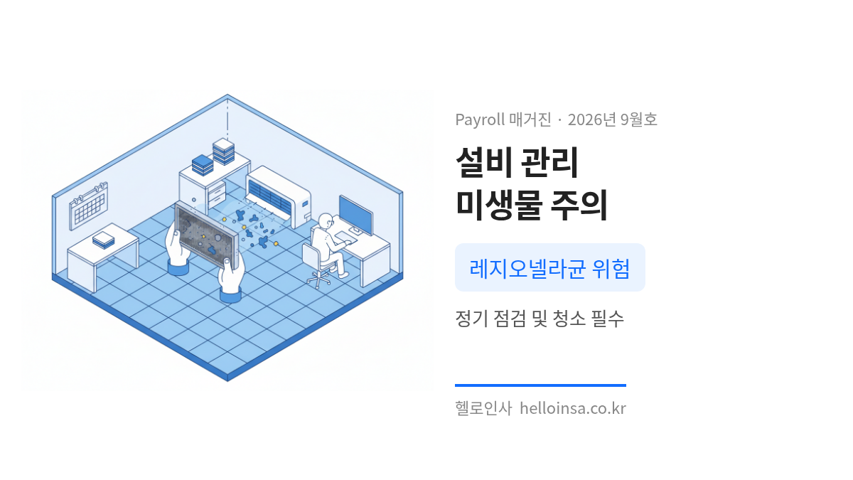오염된 에어컨 필터와 미생물 증식 위험을 경고하며 정기적인 설비 청소를 강조하는 사무실 내부 삽화