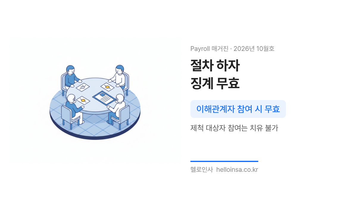 징계위원회 회의장에서 이해관계자가 참여하여 절차적 하자가 발생한 상황을 묘사한 삽화
