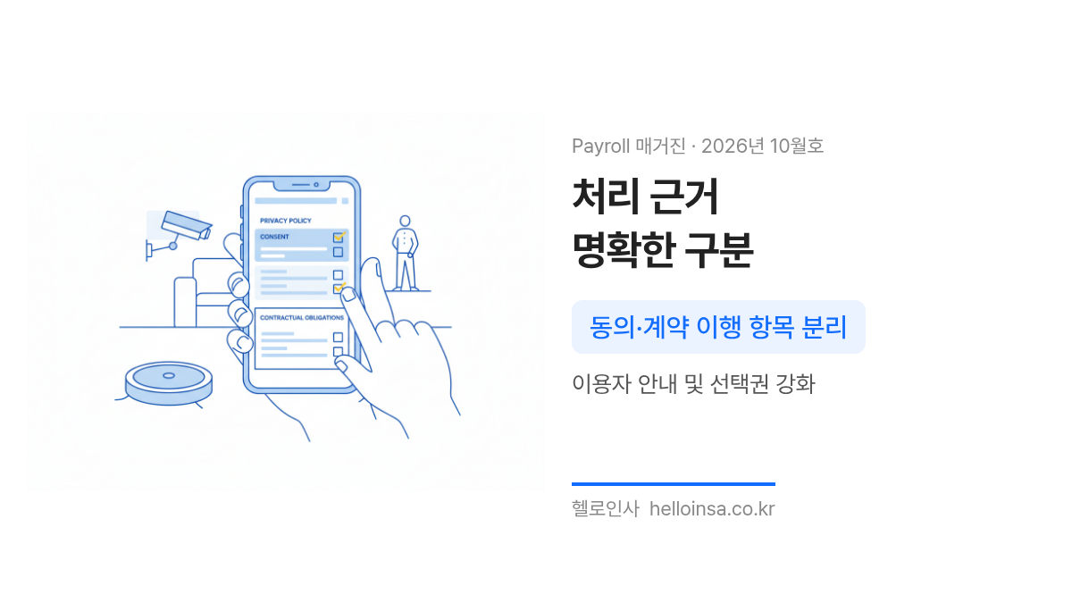스마트폰 화면에서 개인정보 처리 동의 항목과 계약 이행 항목이 명확히 구분되어 표시되는 삽화